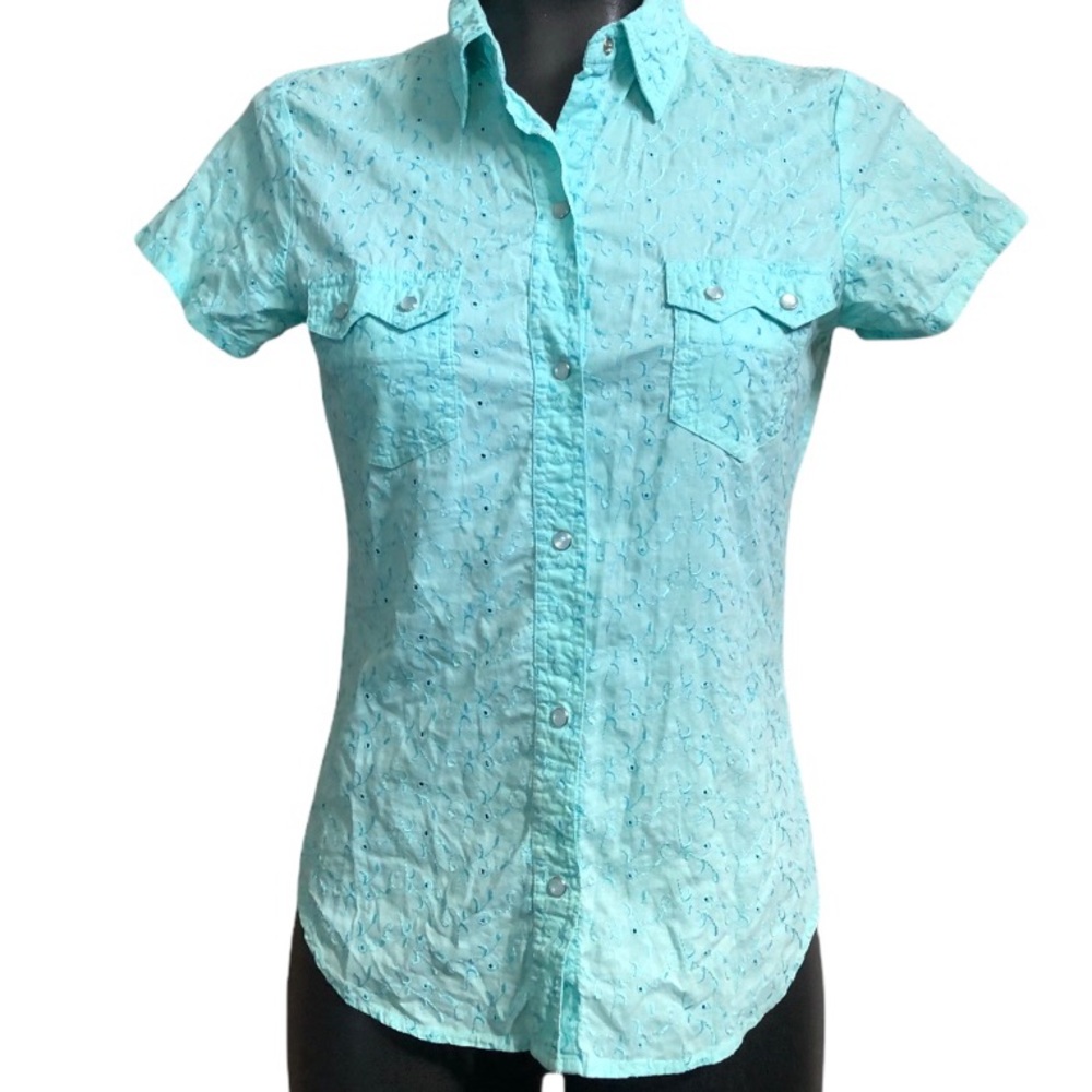 Shyanne Aqua Teal Women’s Western Short Sleeved Pearl Button Shirt